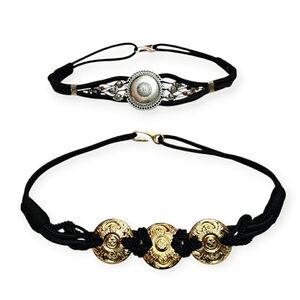 LOT OF 2 Vintage Retro Black Gold & Silver Medallion Beaded Hook Waist Belts